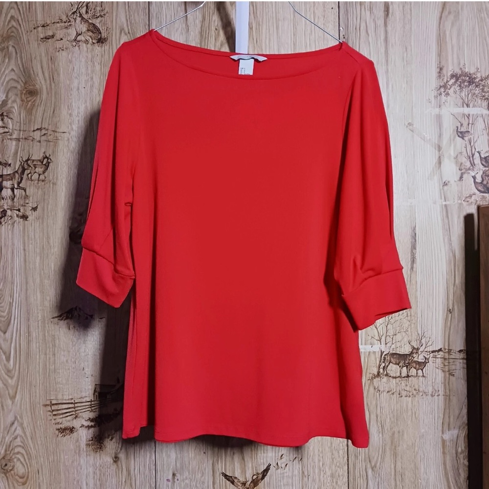 H&M Red Jersey Creped Top Small | Women’s Blouse 3/4 Sleeve Boat Neck Like New